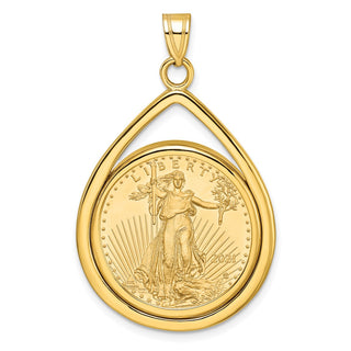 14k Yellow Gold Polished Lightweight Teardrop Mounted 1/4oz American Eagle Prong Coin Bezel Pendant