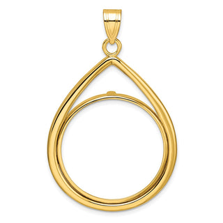 14k Yellow Gold Polished Lightweight Teardrop 27mm Prong Coin Bezel Pendant - Fits 1/2 oz American Eagle, US $10 Liberty, and Other Coins