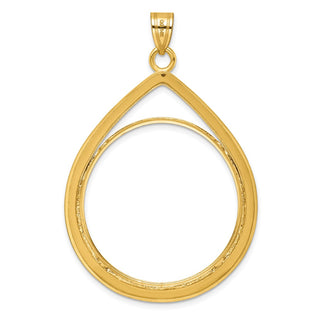 14k Yellow Gold Polished Lightweight Teardrop 32.7mm Prong Coin Bezel Pendant - Fits 1 oz American Eagle, 1 oz Cat, and 1 oz Krugerrand