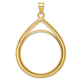 14k Yellow Gold Polished Lightweight Teardrop 32.7mm Prong Coin Bezel Pendant - Fits 1 oz American Eagle, 1 oz Cat, and 1 oz Krugerrand