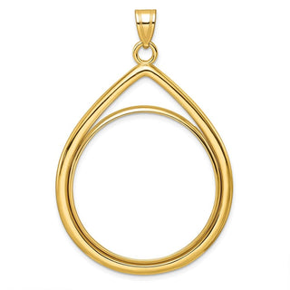10k Yellow Gold Polished Lightweight Teardrop 32.7mm Prong Coin Bezel Pendant - Fits 1 oz American Eagle, 1 oz Cat, and 1 oz Krugerrand