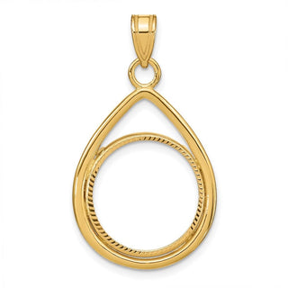 10k Yellow Gold Polished and Diamond-cut Lightweight Teardrop 16.5mm Prong Coin Bezel Pendant - Fits 1/10 oz American Eagle and 1/10 oz Krugerrand
