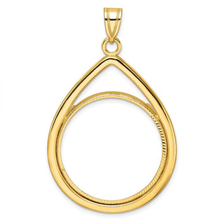10k Yellow Gold Polished and Diamond-cut Lightweight Teardrop 27.0mm Prong Coin Bezel Pendant - Fits 1/2 oz American Eagle, US $10 Liberty, and Other Coins