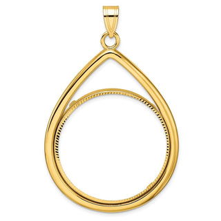 10k Yellow Gold Polished and Diamond-cut Lightweight Teardrop 32.7mm Prong Coin Bezel Pendant - Fits 1 oz American Eagle, 1 oz Cat, and 1 oz Krugerrand
