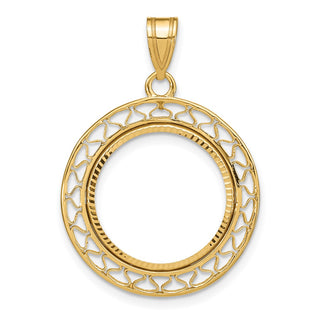 14k Yellow Gold Polished and Diamond-cut Fancy Wire 16.5mm Prong Coin Bezel Pendant