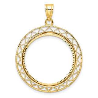 14k Yellow Gold Polished and Diamond-cut Fancy Wire 22.0mm Prong Coin Bezel Pendant