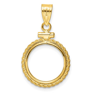 14k Yellow Gold Casted Rope 14mm Screw Top Coin Bezel Pendant - Fits 1/20 oz Maple Leaf and Other Coins