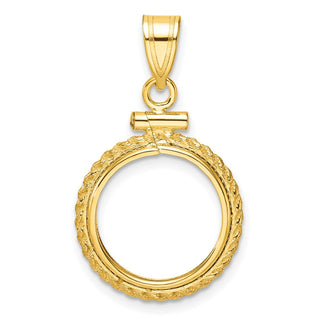 14k Yellow Gold Casted Rope 14mm Screw Top Coin Bezel Pendant - Fits 1/20 oz Maple Leaf and Other Coins