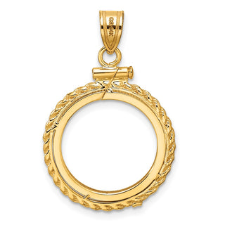 10k Yellow Gold Polished Casted Rope 16.5mm x 1.35mm Screw Top Coin Bezel Pendant - Fits 1/10 oz American Eagle and 1/10 oz Krugerrand