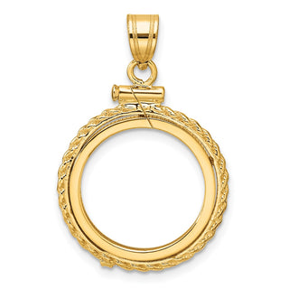 10k Yellow Gold Polished Casted Rope 16.5mm x 1.35mm Screw Top Coin Bezel Pendant - Fits 1/10 oz American Eagle and 1/10 oz Krugerrand