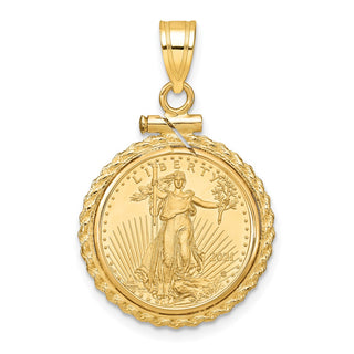 14k Polished Casted Rope Mounted 1/10oz American Eagle Screw Top Coin Bezel Pendant