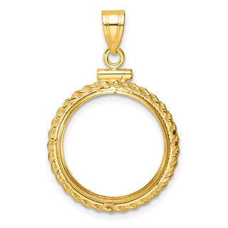 14k Yellow Gold Casted Rope 18mm Screw Top Coin Bezel Pendant - Fits 1/10 oz Cat