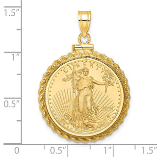 14k Yellow Gold Polished Casted Rope Mounted 1/4oz American Eagle Screw Top Coin Bezel Pendant