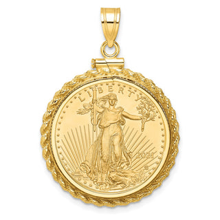 14k Yellow Gold Polished Casted Rope Mounted 1/4oz American Eagle Screw Top Coin Bezel Pendant