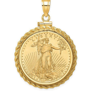 Gold coin pendant with 'Liberty' design on a white background