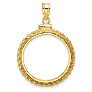 10k Yellow Gold Polished Casted Rope 22.0mm x 1.9mm Screw Top Coin Bezel Pendant - Fits 1/4 oz American Eagle and Other Coins
