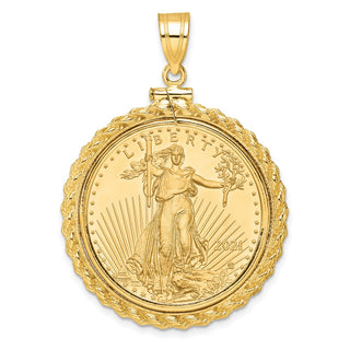 14k Yellow Gold Polished Casted Rope Mounted 1/2oz American Eagle Screw Top Coin Bezel Pendant