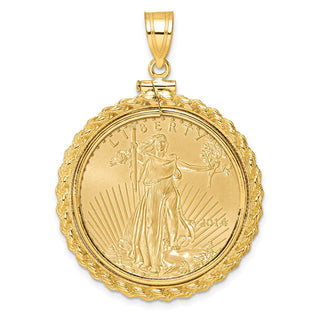 14k Yellow Gold Polished Casted Rope Mounted 1/2oz American Eagle Screw Top Coin Bezel Pendant