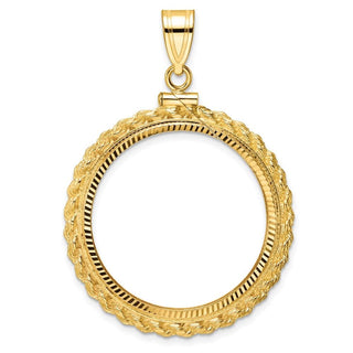 10k Yellow Gold Polished and Diamond-cut Casted Rope 27mm x 2.35mm Screw Top Coin Bezel Pendant - Fits 1/2 oz American Eagle, US $10 Liberty, and Other Coins