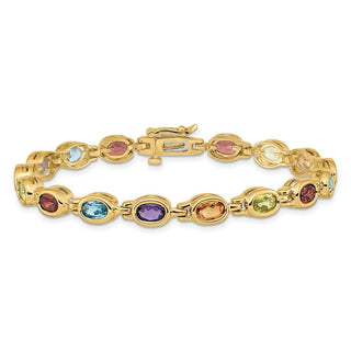 7" 14k Yellow Gold Oval Multicolor Gemstone Rainbow Bracelet