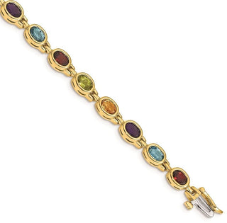 7" 14k Yellow Gold Oval Multicolor Gemstone Rainbow Bracelet