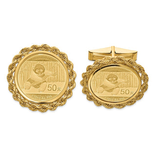 14k Yellow Gold Polished Rope Prong Mounted 1/10oz Panda Coin Bezel Cuff Links