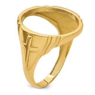 14k Yellow Gold Mens Polished & Diamond-cut Cross Side 16.5mm Coin Bezel Ring - Fits 1/10 oz American Eagle and 1/10 oz Krugerrand