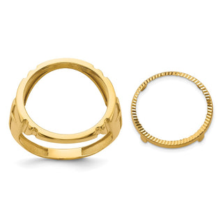 14k Yellow Gold Mens Polished & Diamond-cut Cross Side 16.5mm Coin Bezel Ring - Fits 1/10 oz American Eagle and 1/10 oz Krugerrand