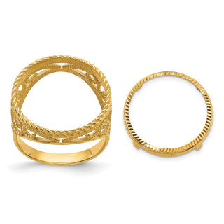 14k Yellow Gold Ladies Diamond-cut & Twisted Wire Scroll Design 16.5mm Coin Bezel Ring - Fits 1/10 oz American Eagle and 1/10 oz Krugerrand