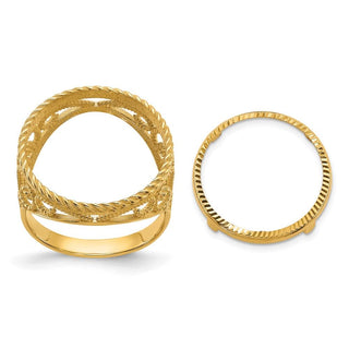 10k Yellow Gold Ladies Polished Diamond-cut and Twisted Wire Scroll Design 16.5mm Coin Bezel Ring - Fits 1/10 oz American Eagle and 1/10 oz Krugerrand