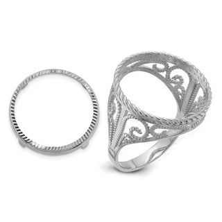 14k White Gold Ladies Diamond-cut & Twisted Wire Scroll Design 16.5mm Coin Bezel Ring - Fits 1/10 oz American Eagle and 1/10 oz Krugerrand