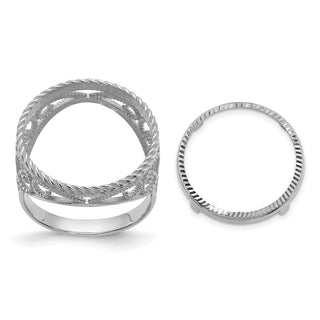 14k White Gold Ladies Diamond-cut & Twisted Wire Scroll Design 16.5mm Coin Bezel Ring - Fits 1/10 oz American Eagle and 1/10 oz Krugerrand