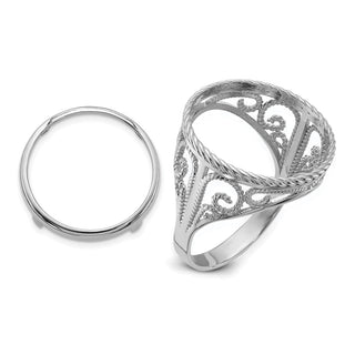 14k White Gold Ladies Polished Twisted Wire Scroll Design 16.5mm Coin Bezel Ring - Fits 1/10 oz American Eagle and 1/10 oz Krugerrand
