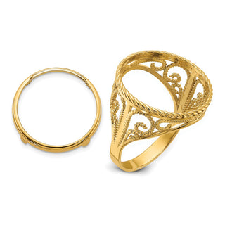 14k Yellow Gold Ladies Polished Twisted Wire Scroll Design 16.5mm Coin Bezel Ring
