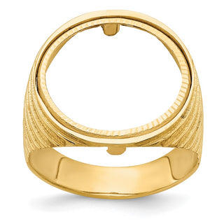 14k Yellow Gold Mens Polished & Diamond-Cut Ribbed Edge 16.5mm Coin Bezel Ring - Fits 1/10 oz American Eagle and 1/10 oz Krugerrand