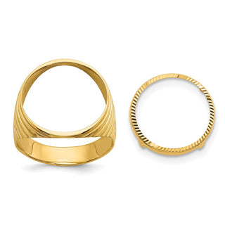 14k Yellow Gold Mens Polished & Diamond-Cut Ribbed Edge 16.5mm Coin Bezel Ring - Fits 1/10 oz American Eagle and 1/10 oz Krugerrand