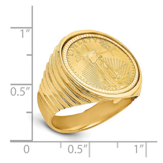 14k Yellow Gold Men's Polished and Diamond-cut Ribbed Edge Mounted 1/10oz American Eagle Coin Bezel Ring