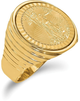 14k Yellow Gold Men's Polished and Diamond-cut Ribbed Edge Mounted 1/10oz American Eagle Coin Bezel Ring