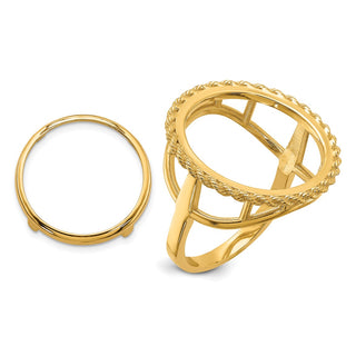 14k Yellow Gold Ladies Polished Rope 16.5mm Coin Bezel Ring - Fits 1/10 oz American Eagle and 1/10 oz Krugerrand