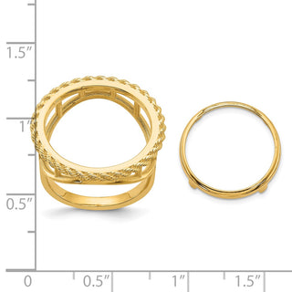 14k Yellow Gold Ladies Polished Rope 16.5mm Coin Bezel Ring - Fits 1/10 oz American Eagle and 1/10 oz Krugerrand