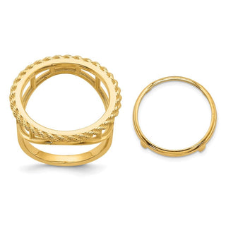 14k Yellow Gold Ladies Polished Rope 16.5mm Coin Bezel Ring - Fits 1/10 oz American Eagle and 1/10 oz Krugerrand