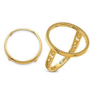 14k Yellow Gold Ladies Polished & Beaded 16.5mm Coin Bezel Ring - Fits 1/10 oz American Eagle and 1/10 oz Krugerrand