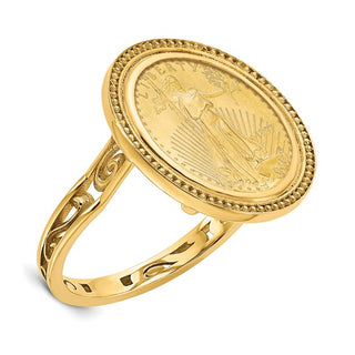 10k Yellow Gold Ladies Polished Filigree Sides and Beaded Top 16.5mm Coin Bezel Ring - Fits 1/10 oz American Eagle and 1/10 oz Krugerrand