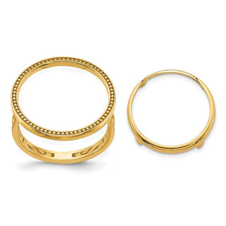 10k Yellow Gold Ladies Polished Filigree Sides and Beaded Top 16.5mm Coin Bezel Ring - Fits 1/10 oz American Eagle and 1/10 oz Krugerrand