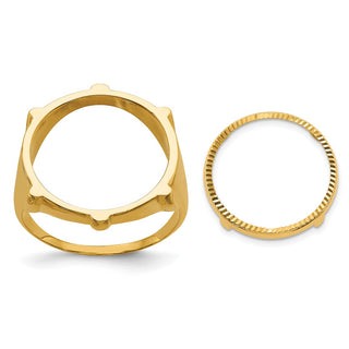 14k Yellow Gold Mens Polished & Diamond-cut Fluted 16.5mm Coin Bezel Ring - Fits 1/10 oz American Eagle and 1/10 oz Krugerrand