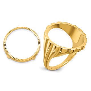 14k Yellow Gold Ladies Polished & Diamond-cut Fluted 16.5mm Coin Bezel Ring - Fits 1/10 oz American Eagle and 1/10 oz Krugerrand