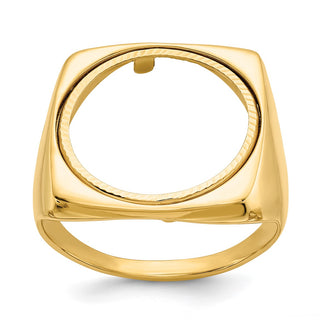 14k Yellow Gold Mens Polished & Diamond-cut Square 16.5mm Coin Bezel Ring - Fits 1/10 oz American Eagle and 1/10 oz Krugerrand
