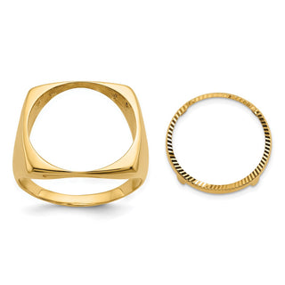 14k Yellow Gold Mens Polished & Diamond-cut Square 16.5mm Coin Bezel Ring - Fits 1/10 oz American Eagle and 1/10 oz Krugerrand