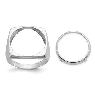 14k White Gold Mens Polished Square Shaped 16.5mm Coin Bezel Ring - Fits 1/10 oz American Eagle and 1/10 oz Krugerrand