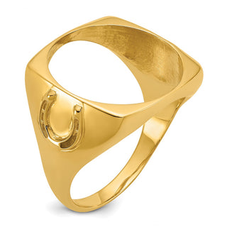 14k Yellow Gold Mens Polished & Diamond-cut Horseshoe Side 16.5mm Coin Bezel Ring - Fits 1/10 oz American Eagle and 1/10 oz Krugerrand